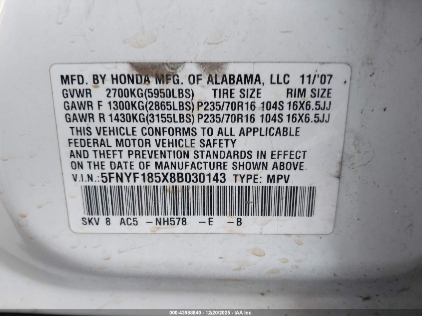 2008 Honda Pilot Ex-L VIN: 5FNYF185X8B030143 Lot: 43988840