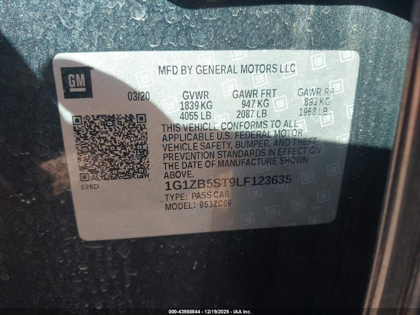 2020 Chevrolet Malibu Fwd Ls VIN: 1G1ZB5ST9LF123635 Lot: 43988844