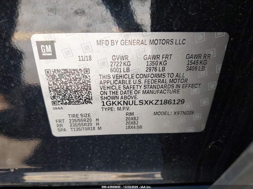 2019 GMC Acadia Slt-1 VIN: 1GKKNULSXKZ186129 Lot: 43988850