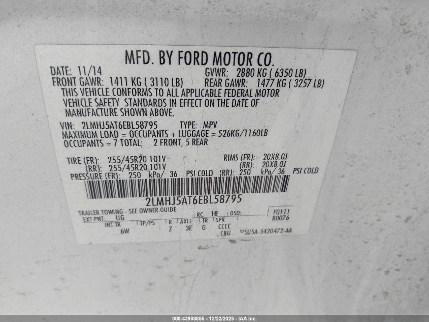 2014 Lincoln Mkt Ecoboost VIN: 2LMHJ5AT6EBL58795 Lot: 43988855