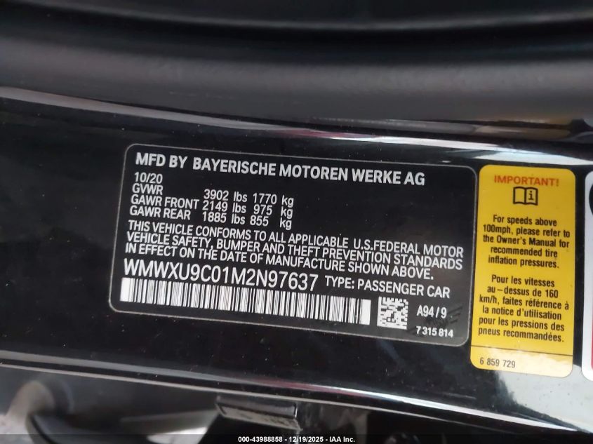 2021 Mini Hardtop Cooper S VIN: WMWXU9C01M2N97637 Lot: 43988858