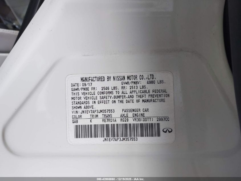 2018 Infiniti Q50 3.0T Luxe VIN: JN1EV7AP3JM357553 Lot: 43988860