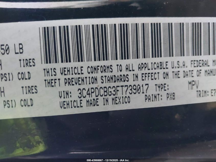 2015 Dodge Journey Sxt VIN: 3C4PDCBG3FT739017 Lot: 43988867