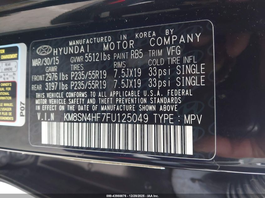 2015 Hyundai Santa Fe Limited VIN: KM8SN4HF7FU125049 Lot: 43988876