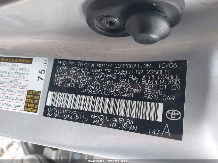 2007 Toyota Prius VIN: JTDKB20U077570468 Lot: 43988883