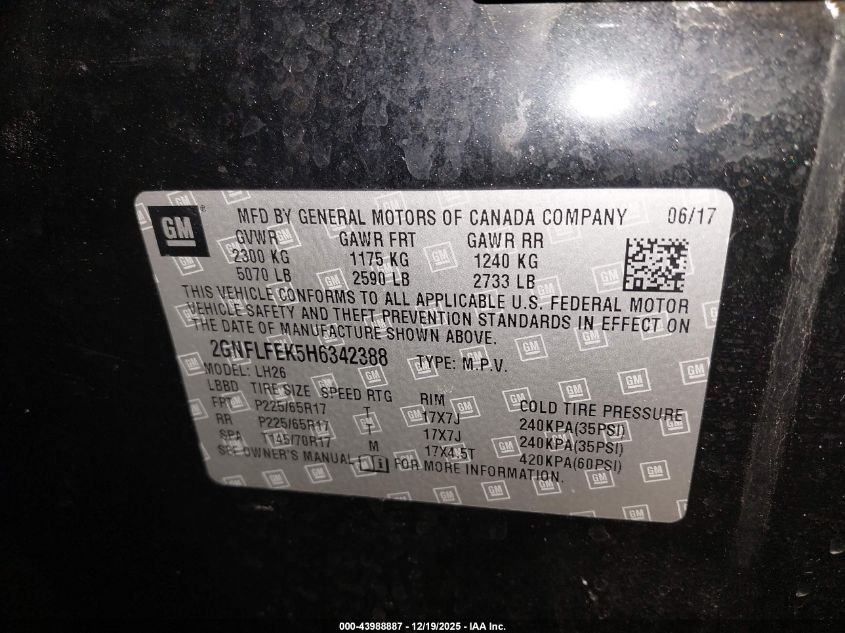 2017 Chevrolet Equinox Lt VIN: 2GNFLFEK5H6342388 Lot: 43988887