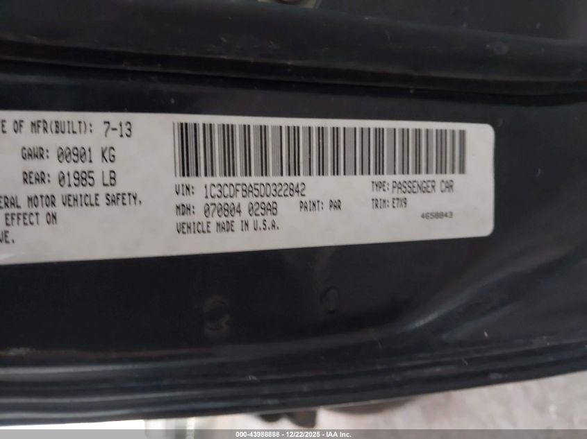 2013 Dodge Dart Sxt VIN: 1C3CDFBA5DD322842 Lot: 43988888