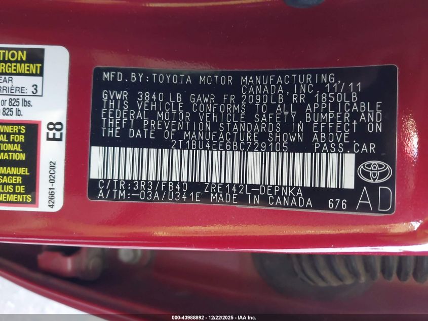 2011 Toyota Corolla Le VIN: 2T1BU4EE6BC729105 Lot: 43988892