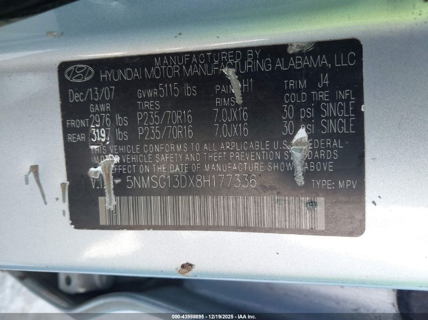 2008 Hyundai Santa Fe Gls VIN: 5NMSG13DX8H177336 Lot: 43988895