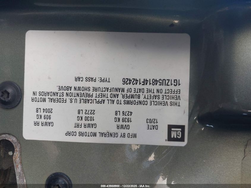 2004 Chevrolet Malibu Lt VIN: 1G1ZU54814F142426 Lot: 43988900