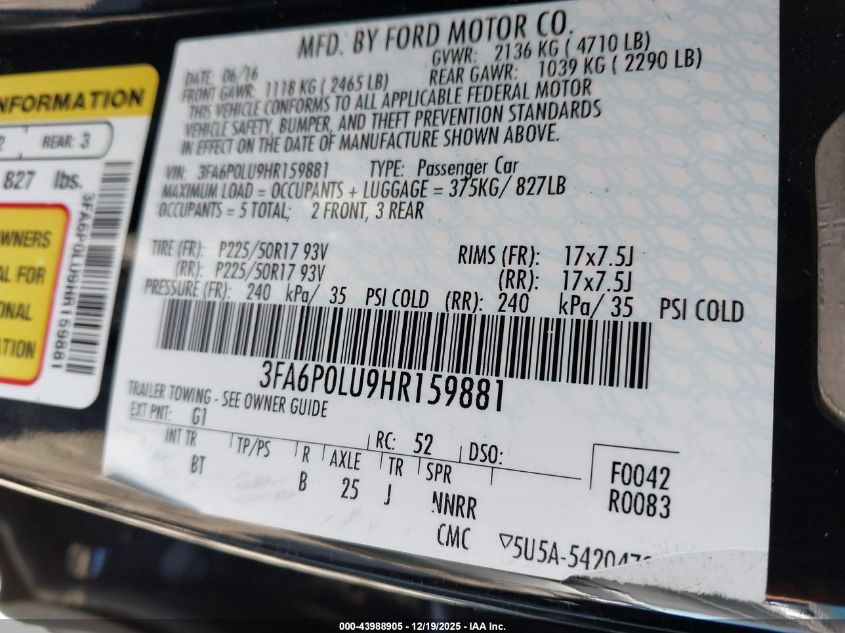 2017 Ford Fusion Hybrid Se VIN: 3FA6P0LU9HR159881 Lot: 43988905