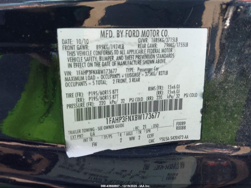 2011 Ford Focus Se VIN: 1FAHP3FNXBW173677 Lot: 43988907