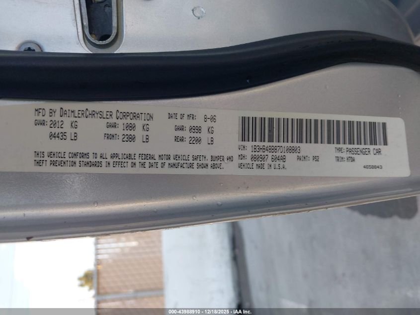 2007 Dodge Caliber Sxt VIN: 1B3HB48B87D108803 Lot: 43988910