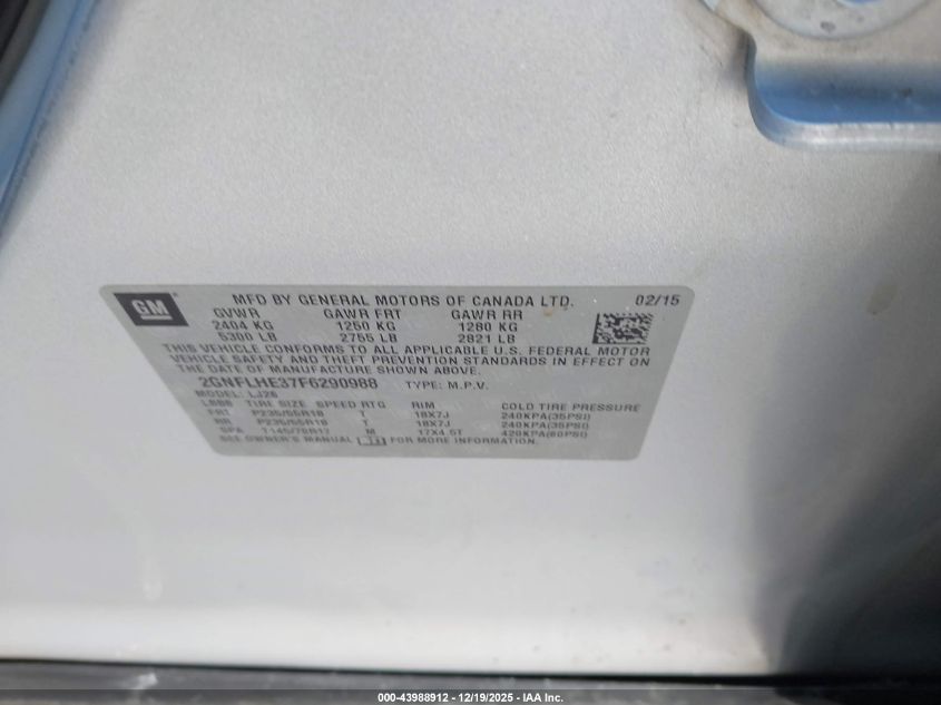 2015 Chevrolet Equinox Ltz VIN: 2GNFLHE37F6290988 Lot: 43988912