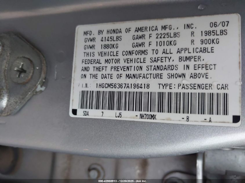 2007 Honda Accord 2.4 Se VIN: 1HGCM56367A196418 Lot: 43988913