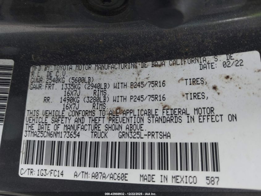 2022 Toyota Tacoma Sr5 V6 VIN: 3TMAZ5CN6NM173654 Lot: 43988932