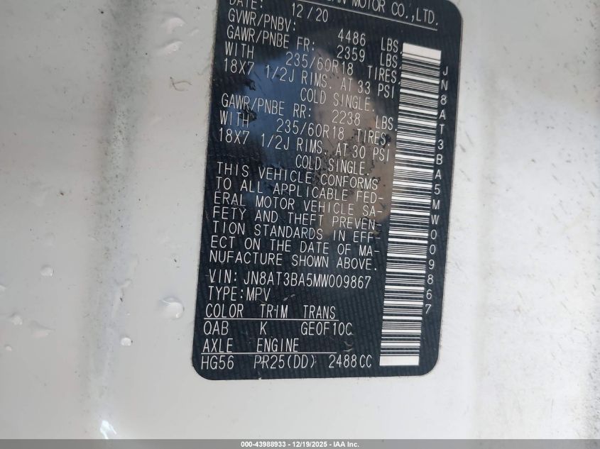 2021 Nissan Rogue Sv Fwd VIN: JN8AT3BA5MW009867 Lot: 43988933