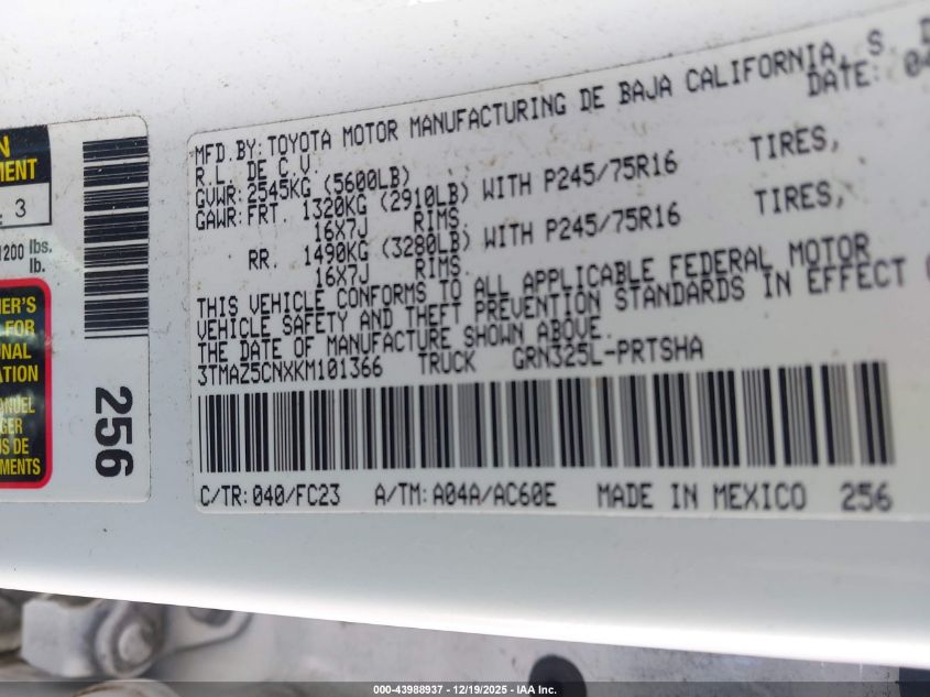 2019 Toyota Tacoma Sr5 V6 VIN: 3TMAZ5CNXKM101366 Lot: 43988937