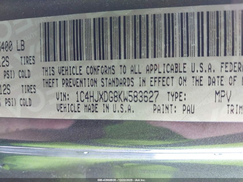 2019 Jeep Wrangler Unlimited Sport 4X4 VIN: 1C4HJXDG8KW583627 Lot: 43988939