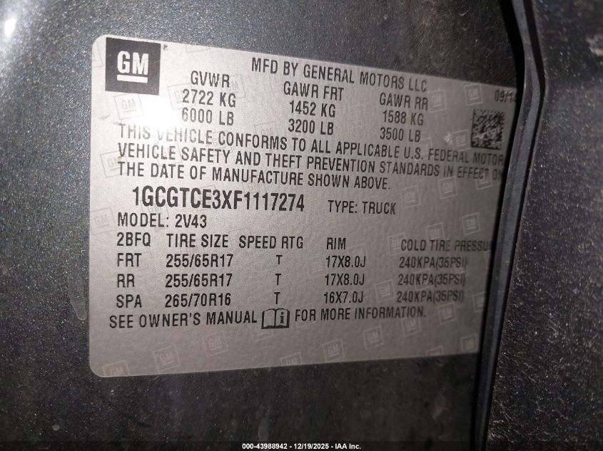 2015 Chevrolet Colorado Z71 VIN: 1GCGTCE3XF1117274 Lot: 43988942