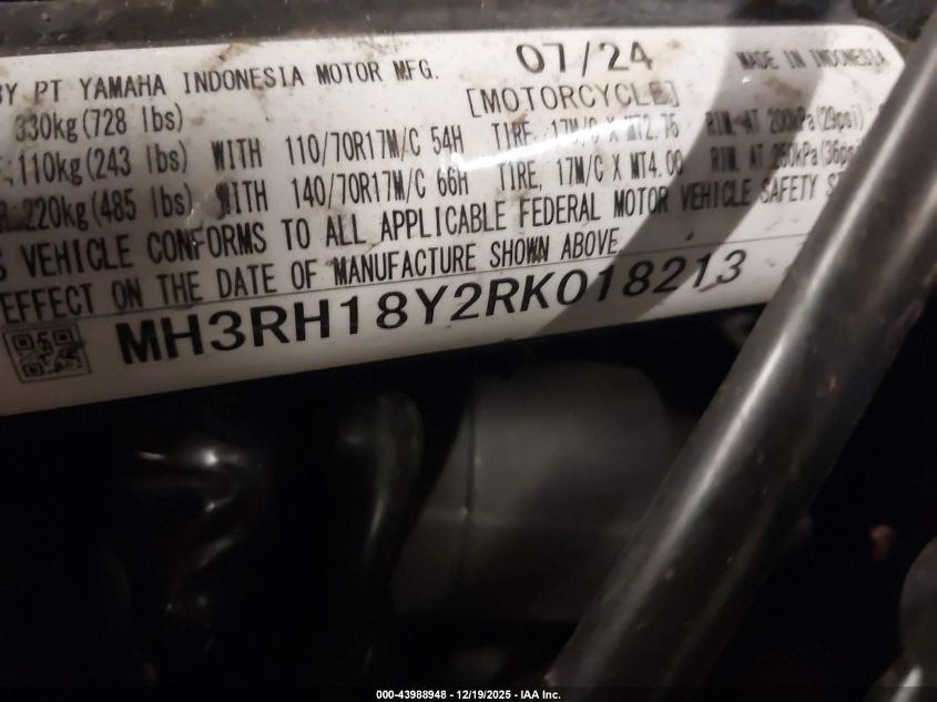 2024 Yamaha Yzfr3 A VIN: MH3RH18Y2RK018213 Lot: 43988948
