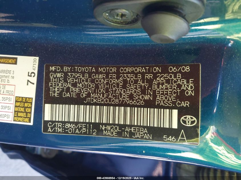 2008 Toyota Prius VIN: JTDKB20U287796626 Lot: 43988954