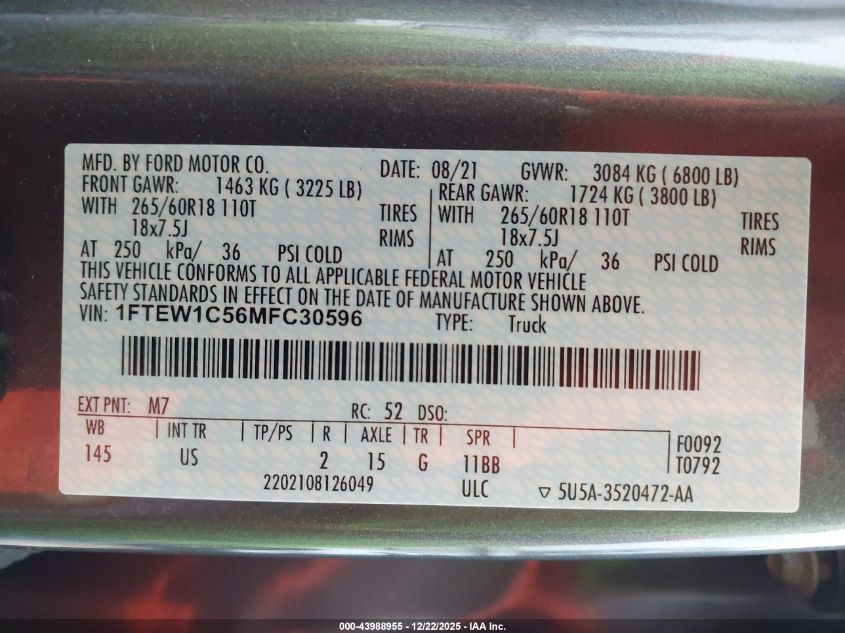 2021 Ford F-150 Xlt VIN: 1FTEW1C56MFC30596 Lot: 43988955