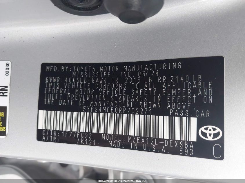 2024 Toyota Corolla Se VIN: 5YFS4MCE0RP202271 Lot: 43988960