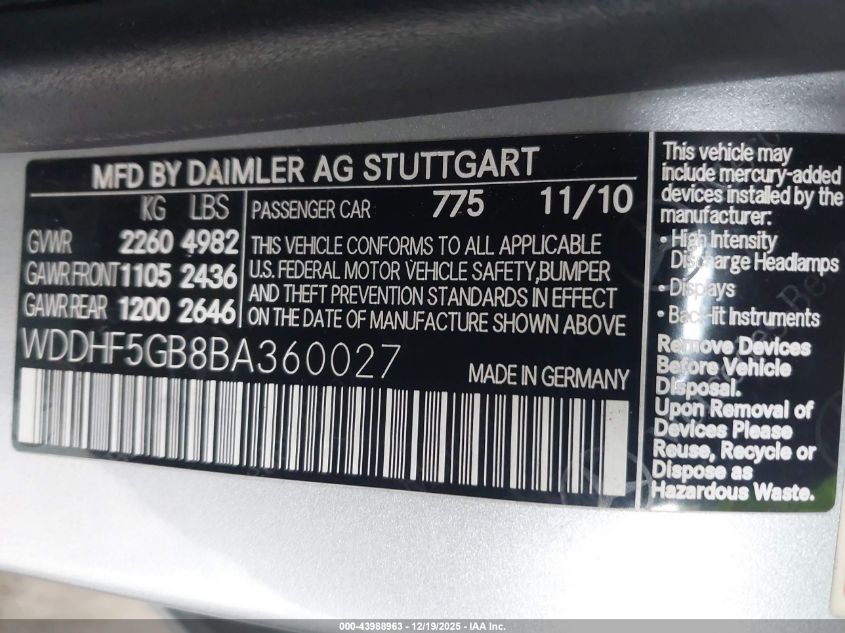 2011 Mercedes-Benz E 350 VIN: WDDHF5GB8BA360027 Lot: 43988963