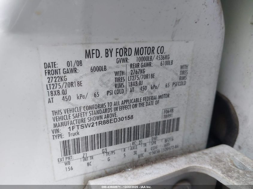 2008 Ford F-250 Fx4/Harley-Davidson/King Ranch/Lariat/Xl/Xlt VIN: 1FTSW21R88ED30158 Lot: 43988971