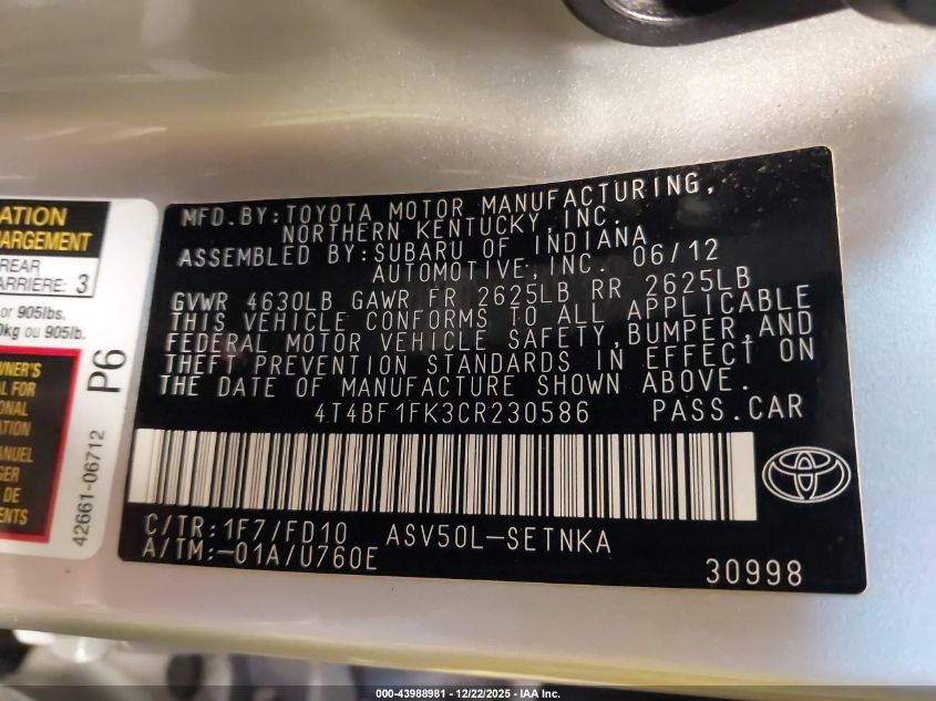 2012 Toyota Camry Le VIN: 4T4BF1FK3CR230586 Lot: 43988981