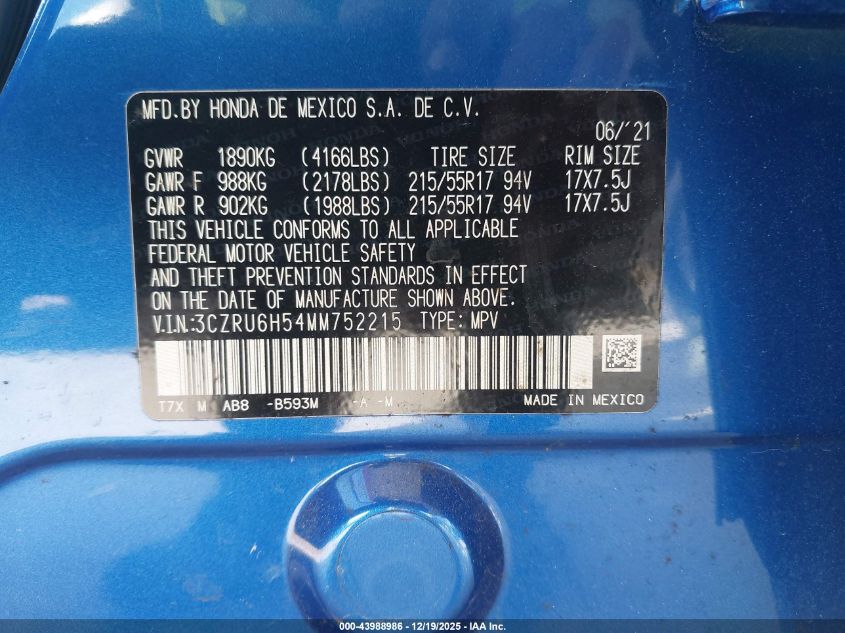 2021 Honda Hr-V Awd Ex VIN: 3CZRU6H54MM752215 Lot: 43988986