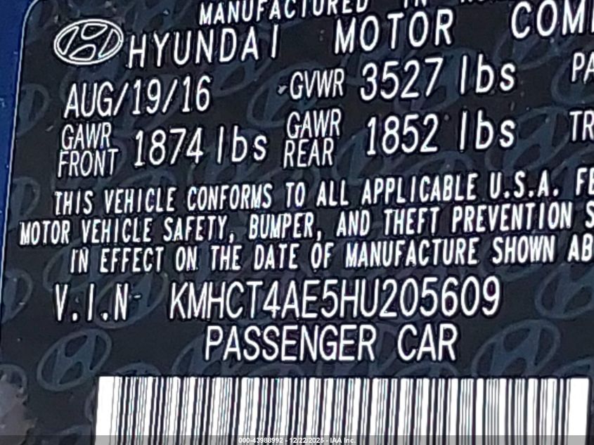 2017 Hyundai Accent Se VIN: KMHCT4AE5HU205609 Lot: 43988992