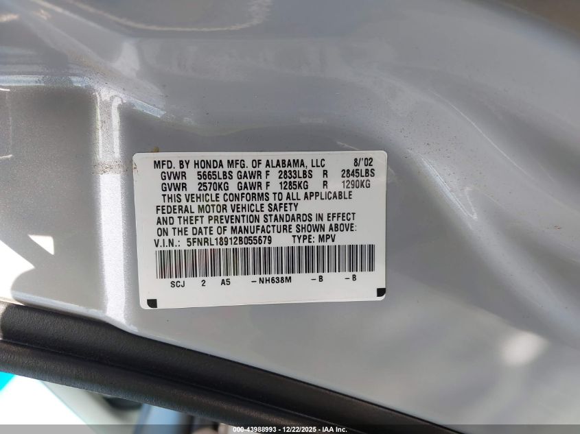 2002 Honda Odyssey Ex-L VIN: 5FNRL18912B055679 Lot: 43988993