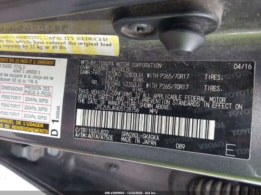 2016 Toyota 4Runner Sr5 Premium VIN: JTEZU5JR4G5128756 Lot: 43989003