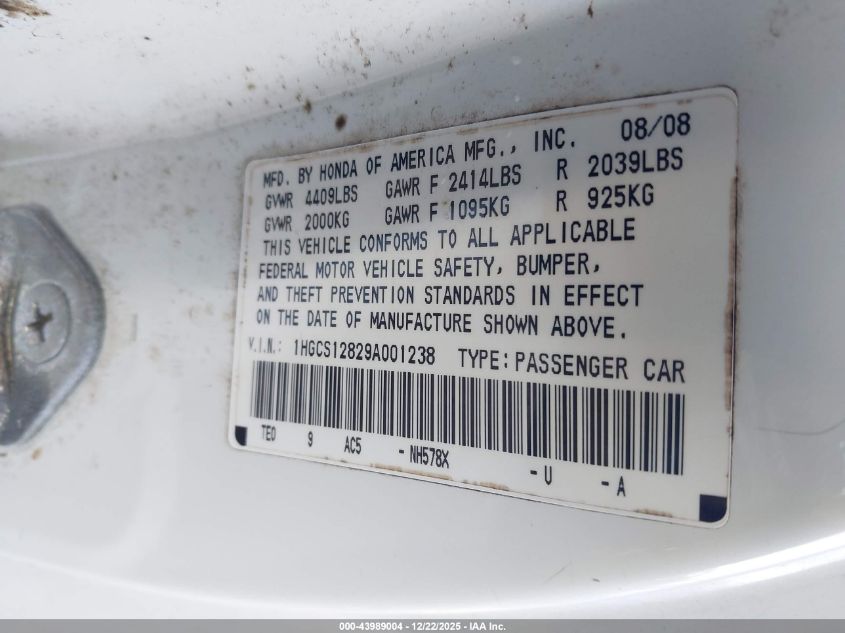 2009 Honda Accord 2.4 Ex-L VIN: 1HGCS12829A001238 Lot: 43989004