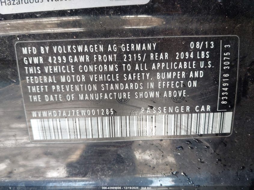 2014 Volkswagen Gti Driver's Edition VIN: WVWHD7AJ7EW001285 Lot: 43989006