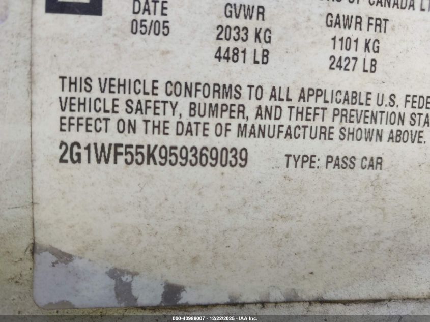 2005 Chevrolet Impala Police VIN: 2G1WF55K959369039 Lot: 43989007