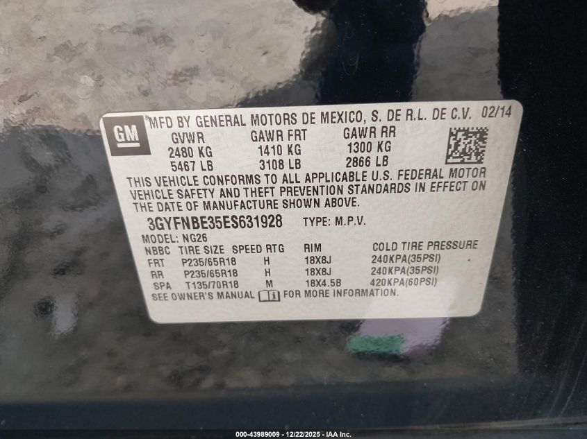 2014 Cadillac Srx Luxury Collection VIN: 3GYFNBE35ES631928 Lot: 43989009