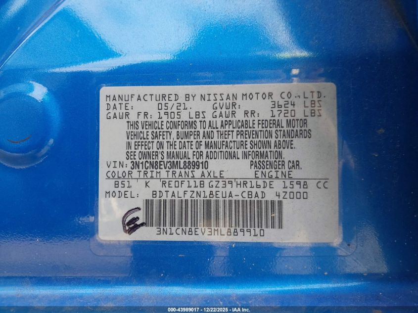 2021 Nissan Versa Sv Xtronic Cvt VIN: 3N1CN8EV3ML889910 Lot: 43989017