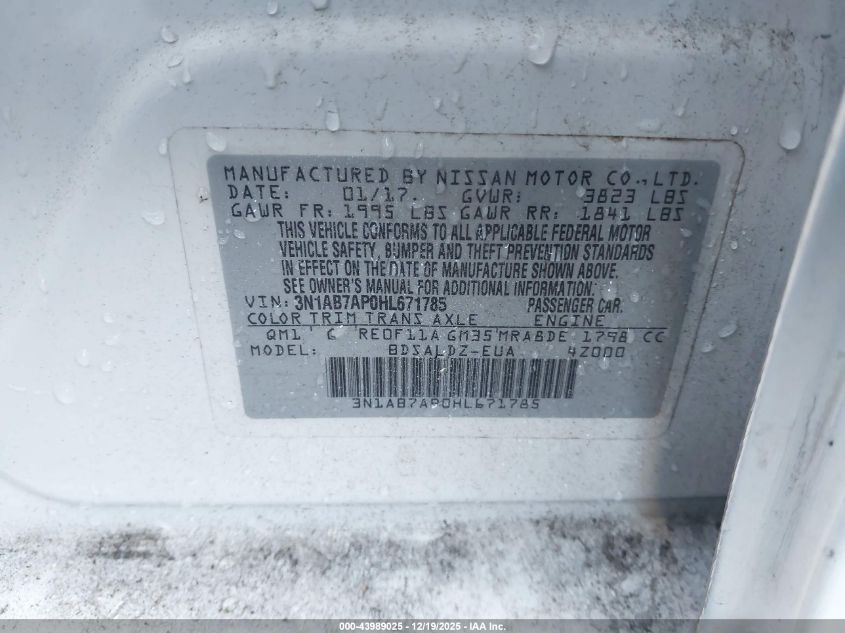 2017 Nissan Sentra Sv VIN: 3N1AB7AP0HL671785 Lot: 43989025