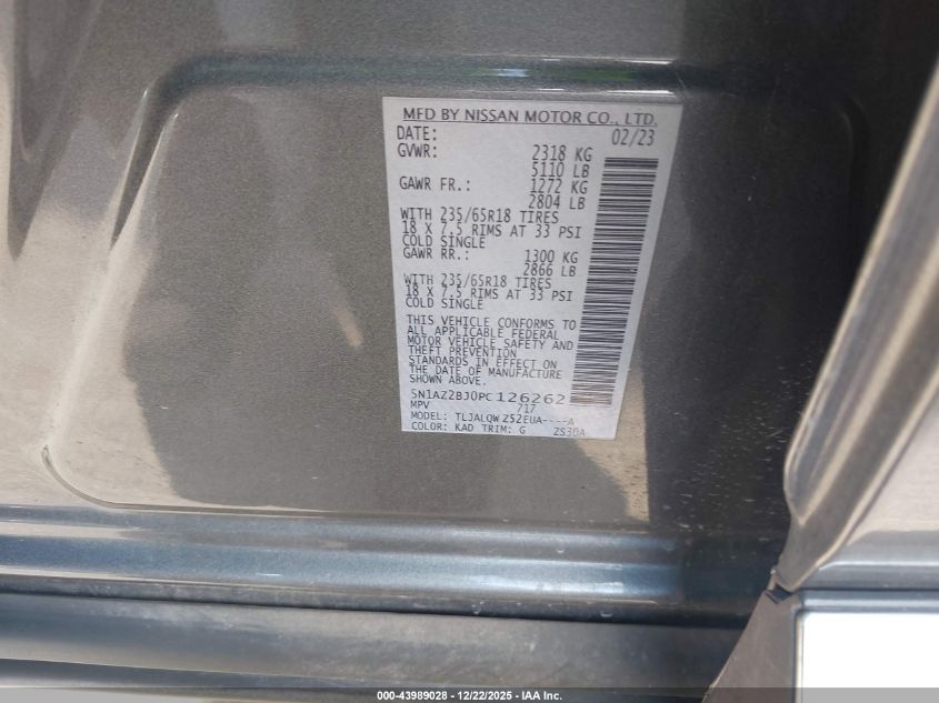 2023 Nissan Murano Sv Fwd VIN: 5N1AZ2BJ0PC126262 Lot: 43989028