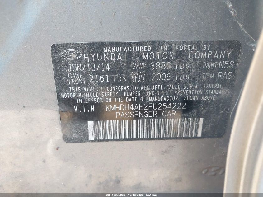 2015 Hyundai Elantra Se VIN: KMHDH4AE2FU254222 Lot: 43989039