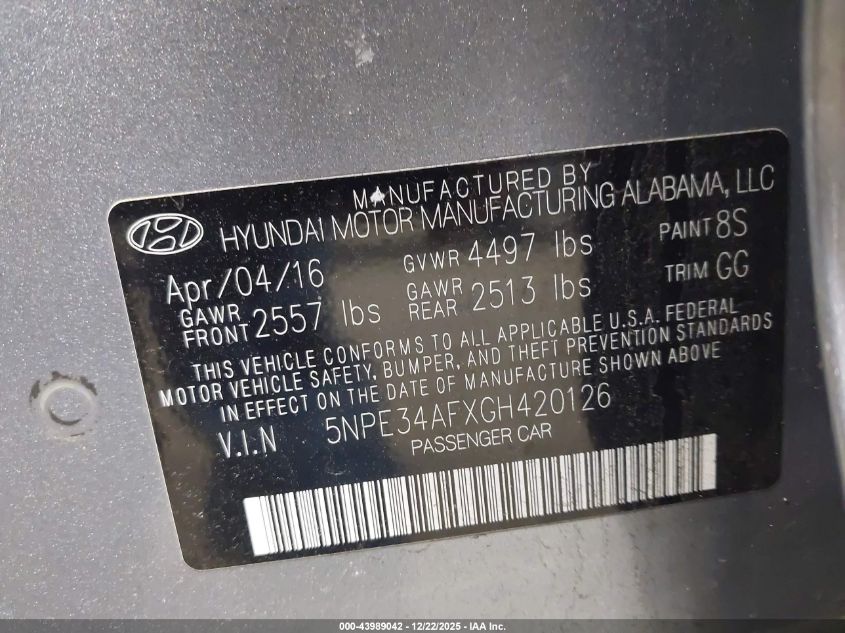 2016 Hyundai Sonata Limited VIN: 5NPE34AFXGH420126 Lot: 43989042