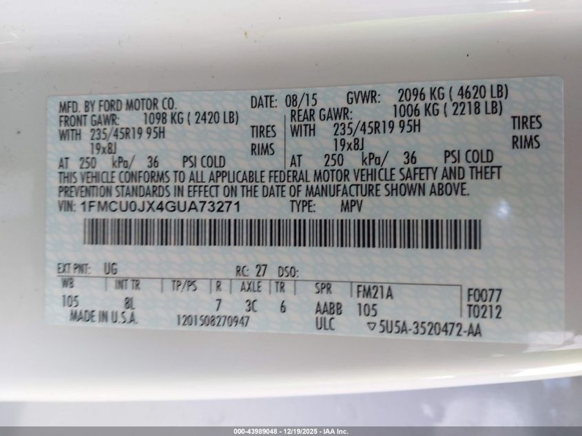 2016 Ford Escape Titanium VIN: 1FMCU0JX4GUA73271 Lot: 43989048