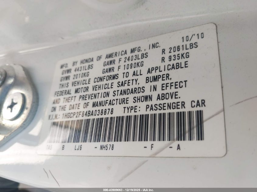 2011 Honda Accord 2.4 Ex-L VIN: 1HGCP2F84BA038878 Lot: 43989063