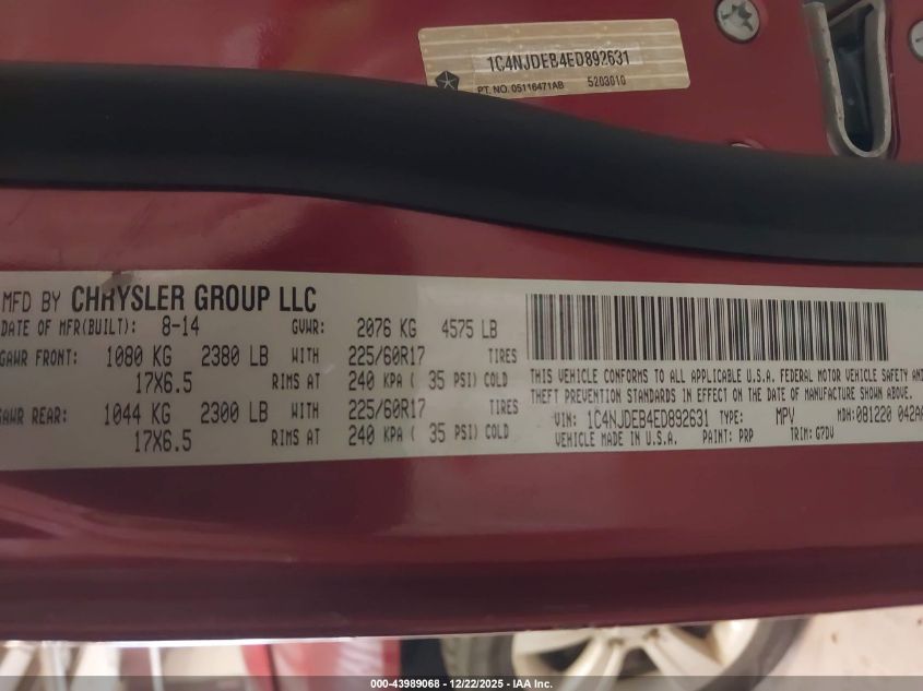 2014 Jeep Compass Latitude VIN: 1C4NJDEB4ED892631 Lot: 43989068