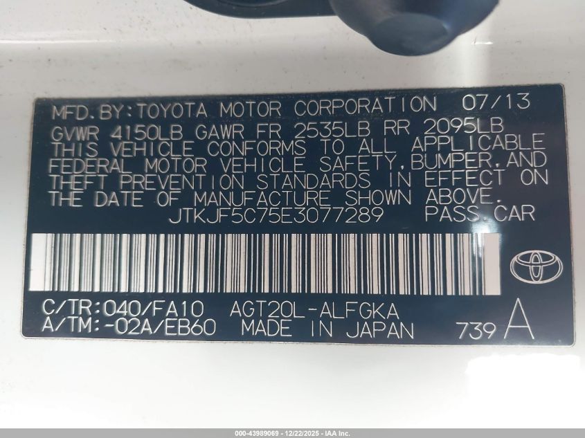 2014 Scion Tc VIN: JTKJF5C75E3077289 Lot: 43989069