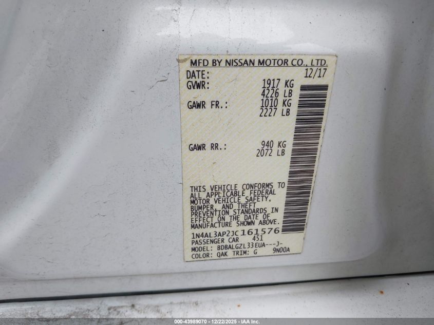 2018 Nissan Altima 2.5 S VIN: 1N4AL3AP2JC161576 Lot: 43989070