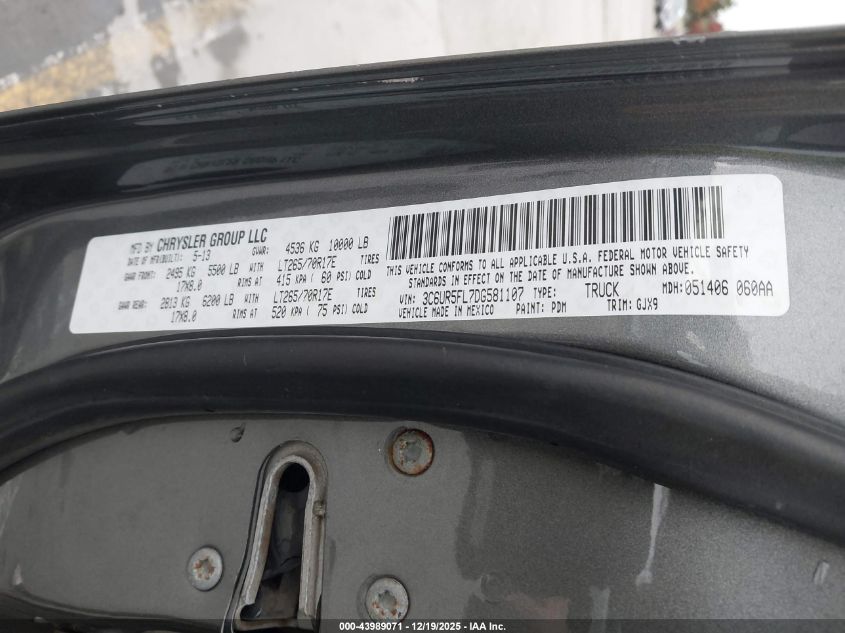 2013 Ram 2500 Laramie VIN: 3C6UR5FL7DG581107 Lot: 43989071